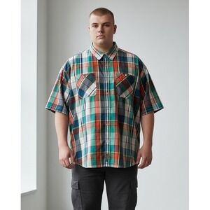 ecko unltd Men Shirt 5XB Red Green Plaid Short Sleeve Button Skater Cotton Blend